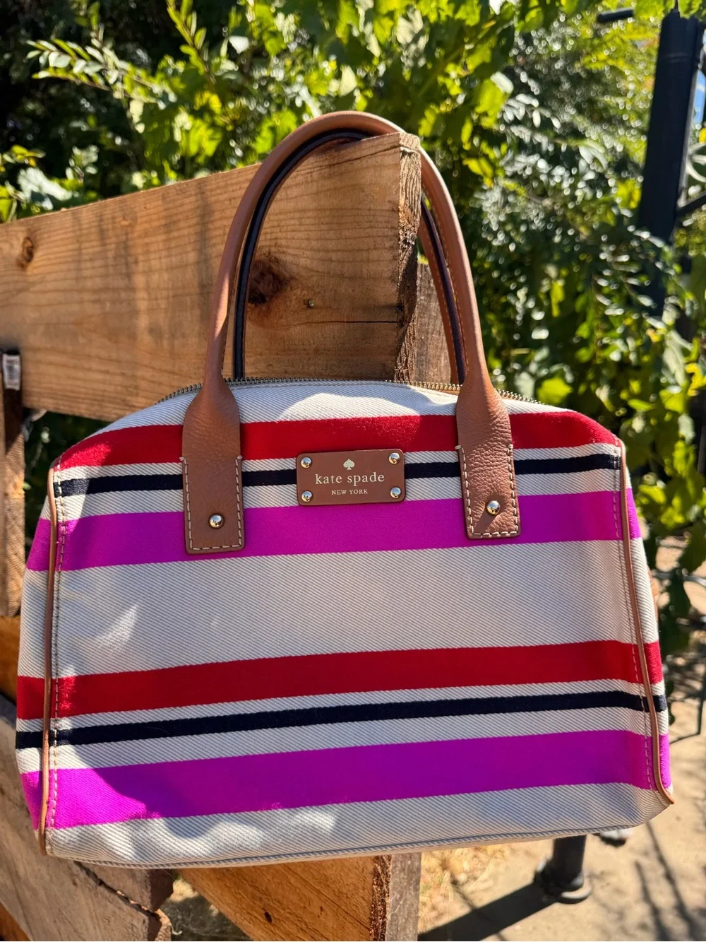 kate spade Striped Canvas Satchel in Pink, Red, Black & Cream